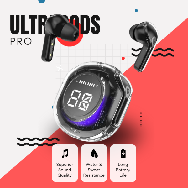 Ultrapods Pro True Wireless Earbuds – Transparent Design with Display, Bluetooth 5.3, Waterproof